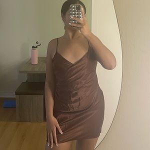 ZARA, cocktail hour, formal cocktail asymmetrical satin chocolate dress bodycon